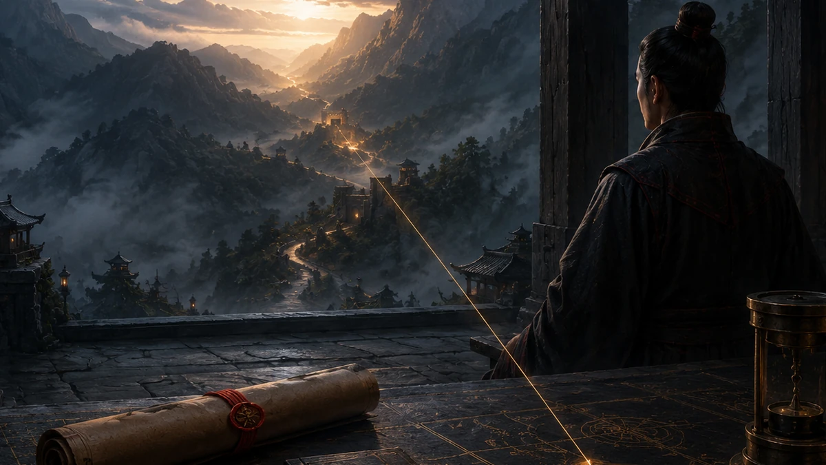 A disciplined strategist waits inside a dark mountain observatory as dawn reveals a measured route through a mist-covered pass, with a sealed scroll, journal, compass, and hourglass arranged on the planning table.