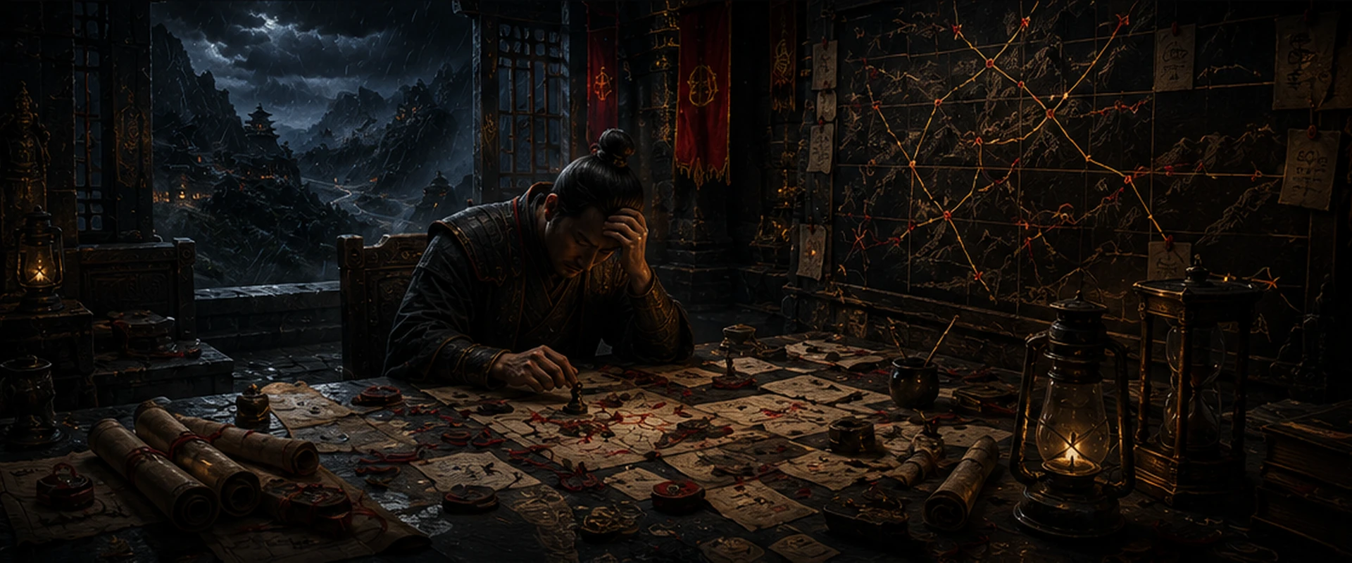 A weary strategist sits at a cluttered command table covered with overlapping maps, markers, and scrolls while tangled routes spread across the wall and a storm darkens the mountain pass outside.