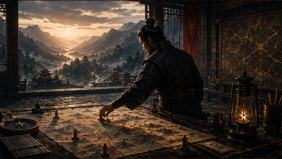 A disciplined strategist moves a marker across an organized terrain map as sunrise reveals a clear mountain route beyond the open command chamber.