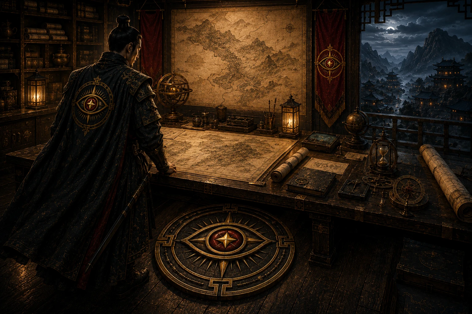 A disciplined strategist studies layered maps, scrolls, instruments, and the terrain beyond a lantern-lit intelligence chamber, representing information gathered and tested before opinion.