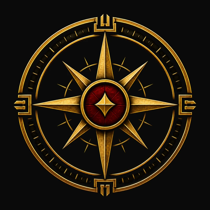Seal 01, a Silk Gold four-direction compass surrounding a restrained Tactical Crimson center, representing Discipline Before Direction.