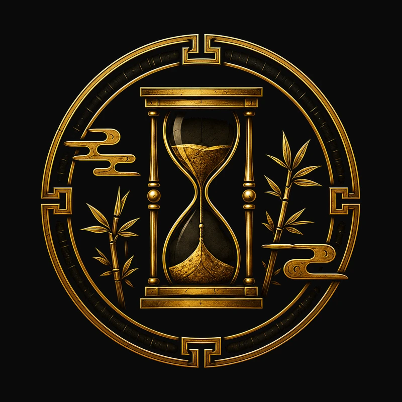 Seal 06, a Silk Gold hourglass framed by calm branches and clouds, representing Patience Before Action.