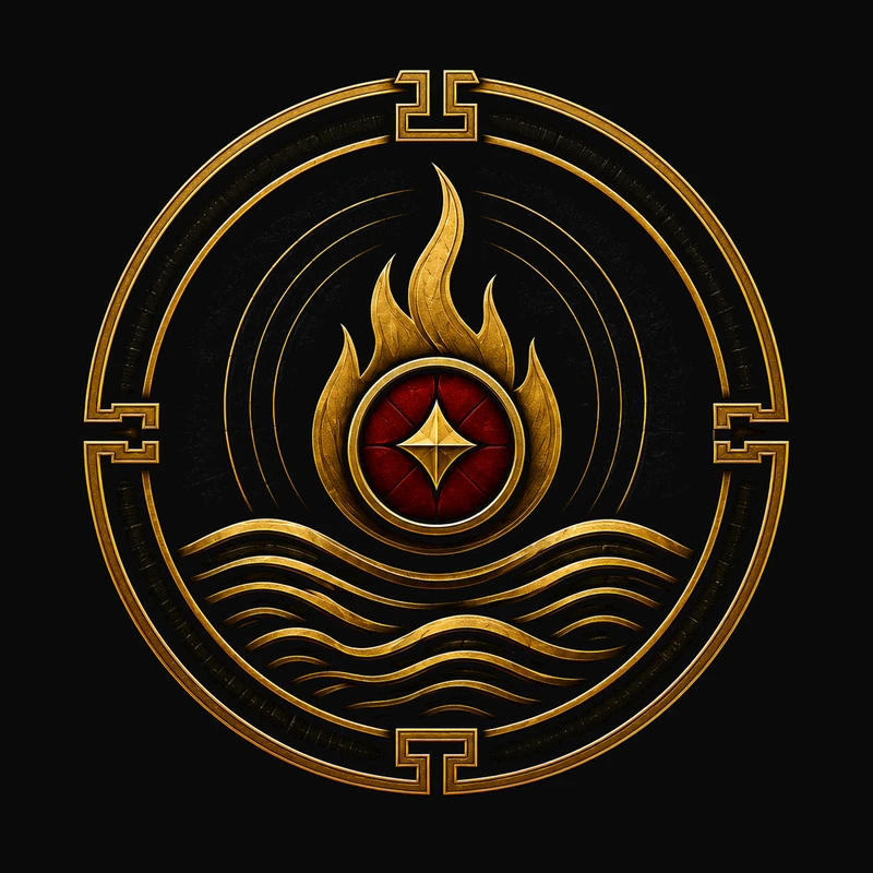 Seal 08, a controlled Silk Gold flame above calm waves around a Tactical Crimson center, representing Emotion Control Before Execution.