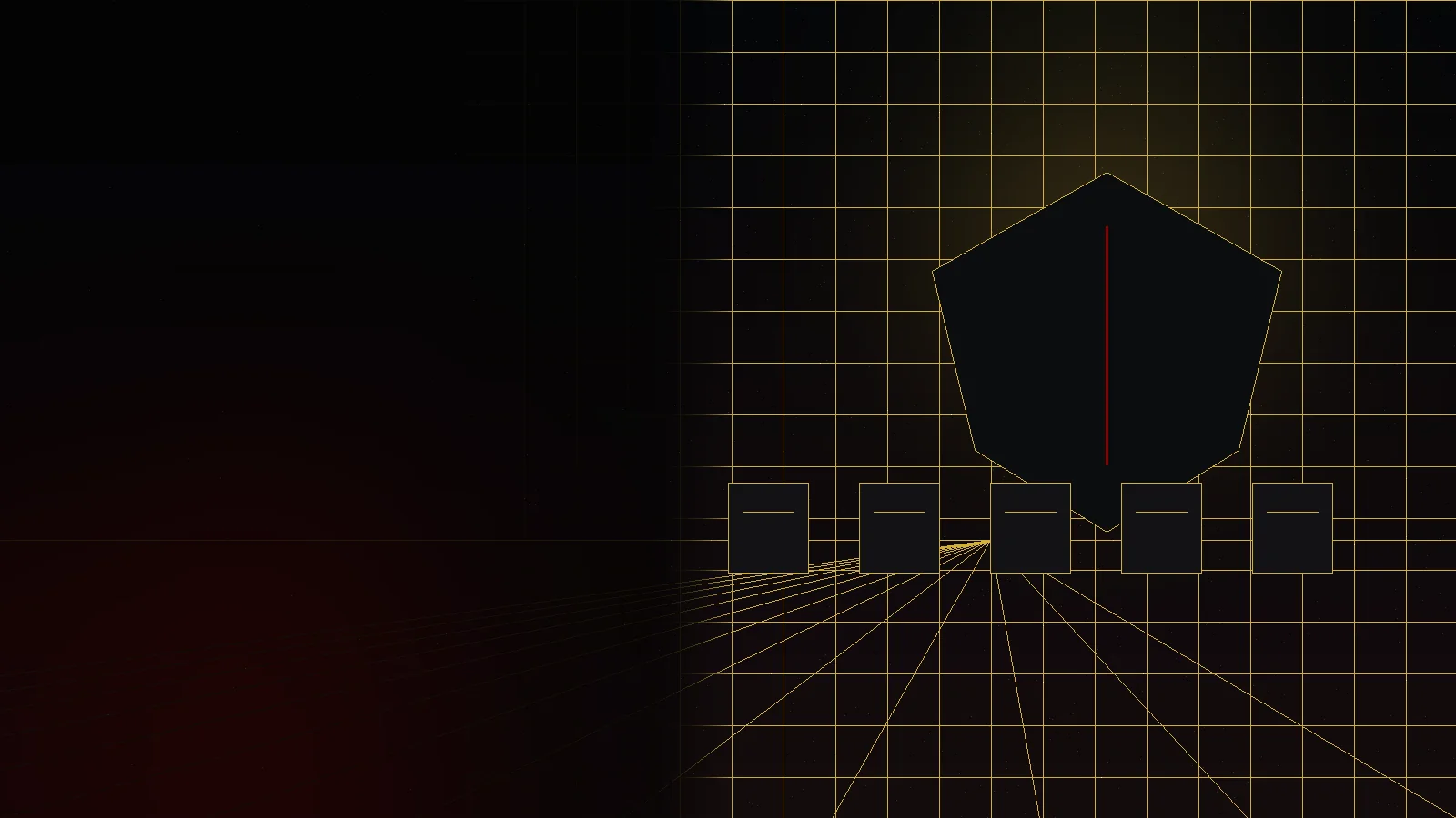 A fortified shield and organized strategic-tool stations in a dark command environment.