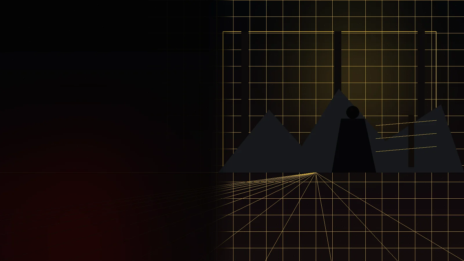 A disciplined strategist inside a dark training hall overlooking mountain terrain.
